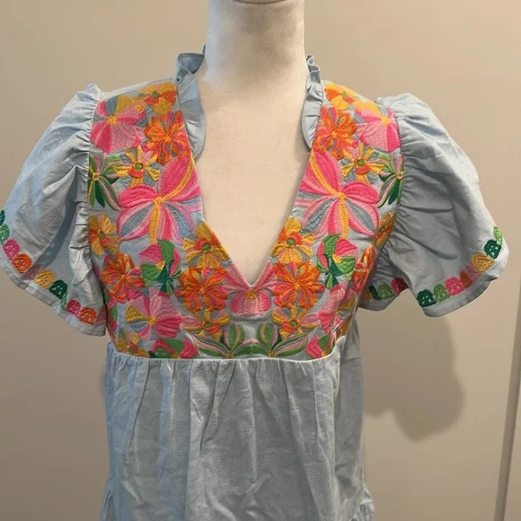 NWT THML Blue Embroidered Floral Dress Sz M - Picture 2 of 9